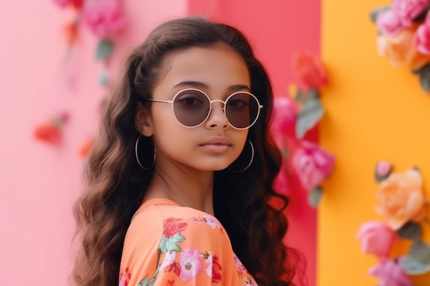 A girl wearing sunglasses and a flowery shirt stands in front of a pink wall.