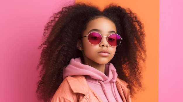 A girl wearing sunglasses and a pink hoodie stands in front of a pink background.