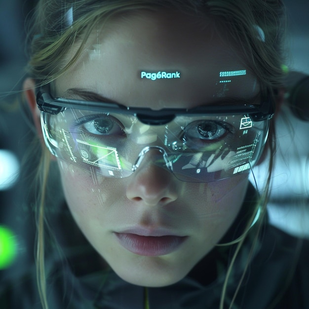 Photo a girl wearing technology glasses ai concept