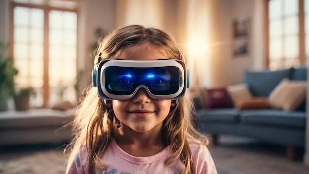 girl wearing virtual reality glasses at home