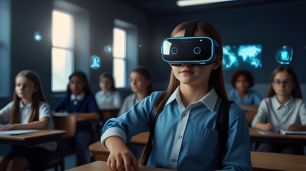 a girl wearing virtual reality glasses sits in a classroom with other children in the background