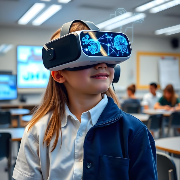 Photo a girl wearing a virtual reality goggles with a blue light on the top