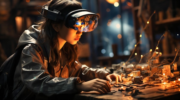 a girl wearing a virtual reality headset looking at a pc