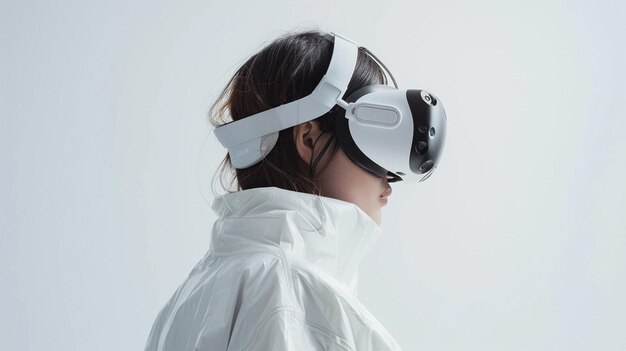 Photo a girl wearing vr headset against white background vertual reality concept