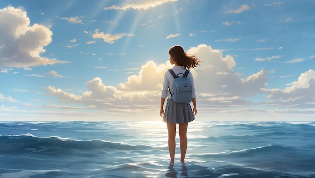 A girl wearing a white shirt gray skirt and blue backpack is standing in the middle of the ocean