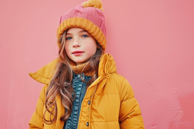 a girl wearing a yellow jacket with a blue jacket and a jacket that says  shes wearing a pink hat