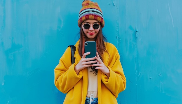 a girl wearing a yellow jacket with a hat on and a cell phone in front of a blue wall