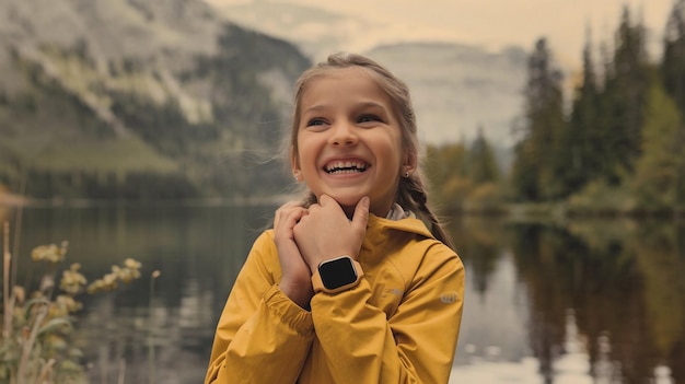 a girl wearing a yellow raincoat smiles with a lake in the background