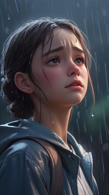 A girl weeping in a melancholic rain