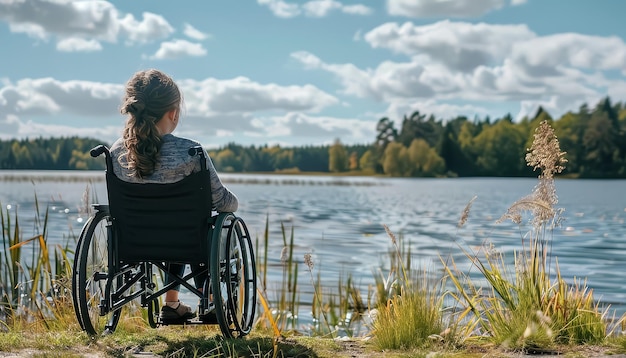 Photo a girl in a wheelchair is sitting by a lake