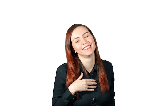 Girl on white background expresses embarrassment laughing