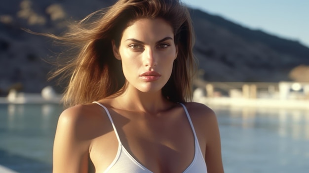 A girl in a white bra stands in front of a beach.