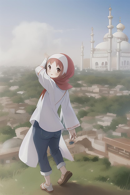 A girl in a white coat and blue pants stands on a hill in front of a taj mahal.