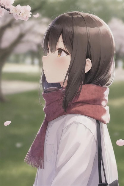 A girl in a white coat stands in a park with cherry blossoms on the ground.