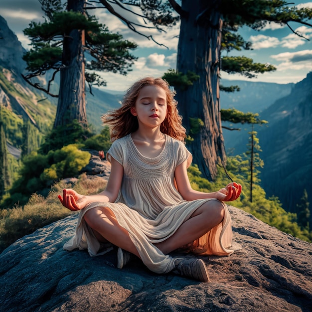 a girl in a white dress is practicing yoga on a rock