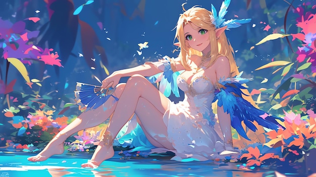 a girl in a white dress is sitting in the water with a blue feathered feather