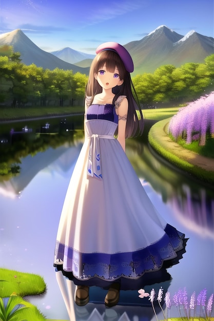 A girl in a white dress is standing in a pond and the water is purple.