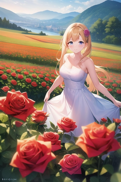 A girl in a white dress is surrounded by red roses.