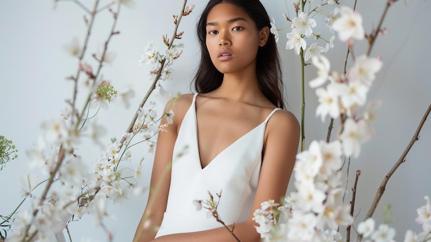 a girl in a white dress sits in a tree with white flowers