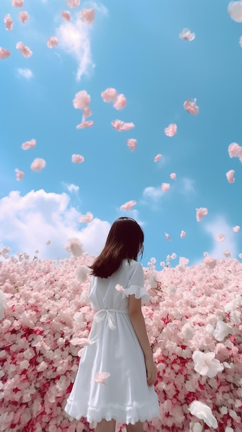 A girl in a white dress stands in a field of pink flowers.