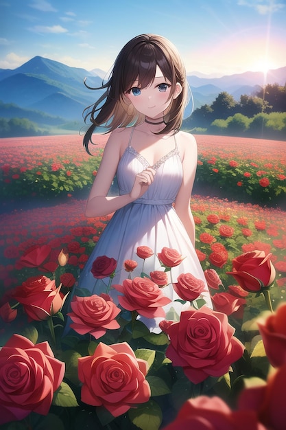 A girl in a white dress stands in a field of red roses.