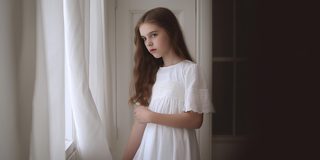 A girl in a white dress stands in front of a window.