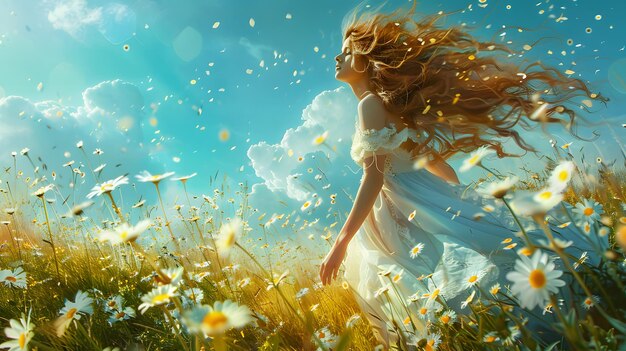 a girl in a white dress with the wind blowing her hair