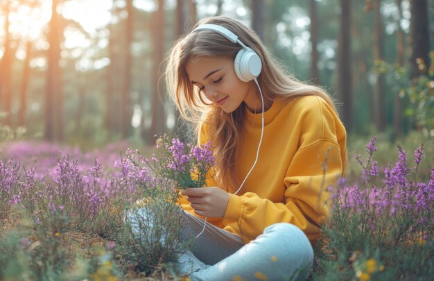 Photo a girl in white headphones bends to pick heather flowers in an oak forest