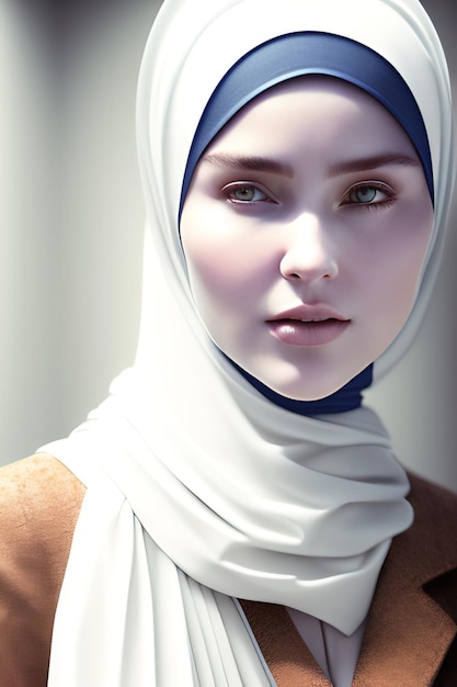 A girl in a white hijab with blue and white scarf