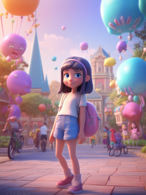 A girl in a white shirt and blue shorts stands in front of balloons and a castle.