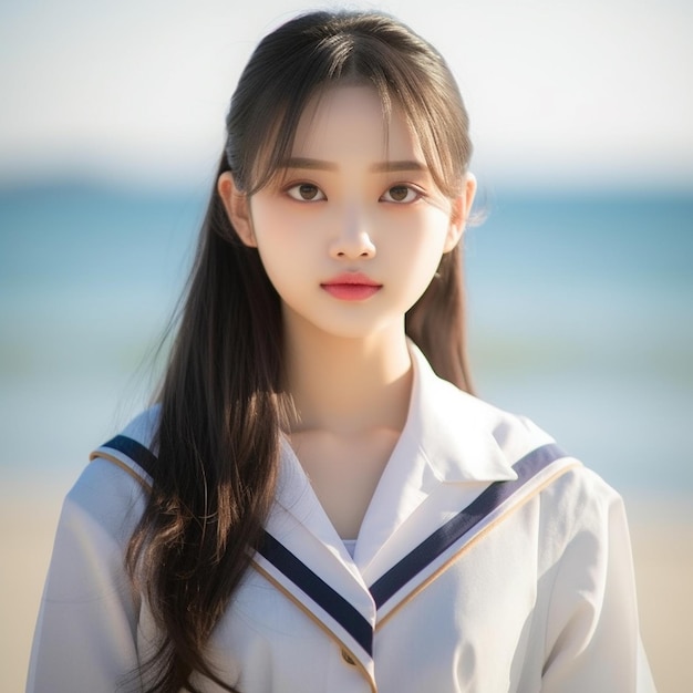 a girl in a white shirt and a blue and white shirt is standing on the beach