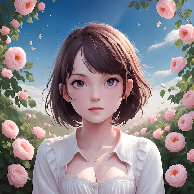 a girl in a white shirt is standing in a field of roses