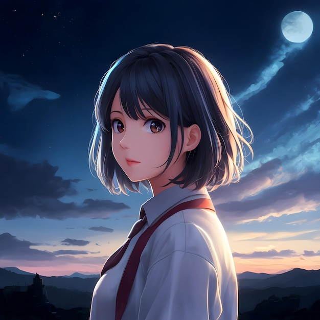 a girl in a white shirt is standing in front of a moon