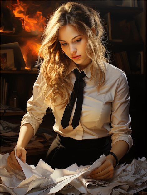 A girl in a white shirt is writing in front of a fire.