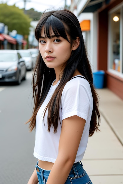 Photo a girl in a white shirt stands on the sidewalk