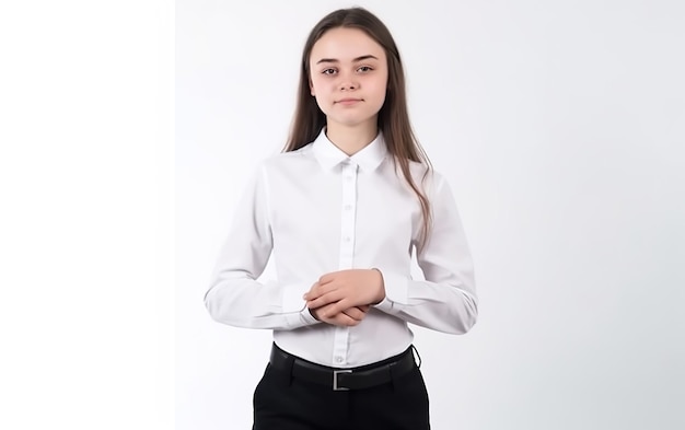 A girl in a white shirt with a black belt and a white shirt