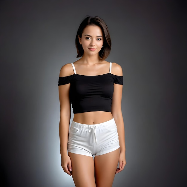 a girl in white shorts and a black top with a white skirt