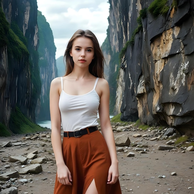 a girl in a white top and red skirt stands on a beach