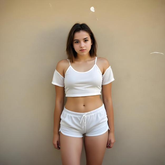 a girl in a white top and shorts stands against a wall