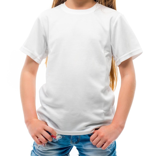 Girl in white tshirt for design template on white background blank copy space on casual t shirt