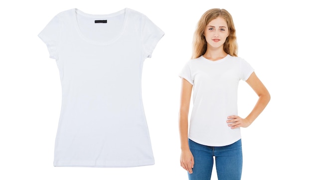 Photo girl white tshirt mock up empty tshirt closeup summer tshirt over white background woman t shirt mockup