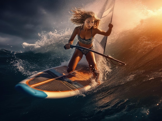 Girl on a windsurfing board surfing through the waves