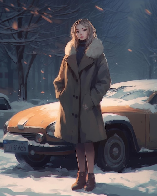 A girl in a winter coat stands in front of a car