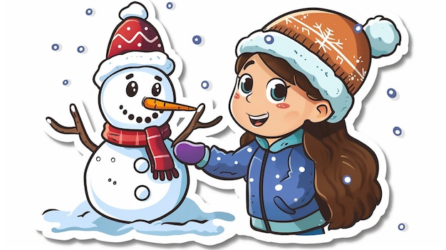 a girl in a winter hat is playing with a snowman