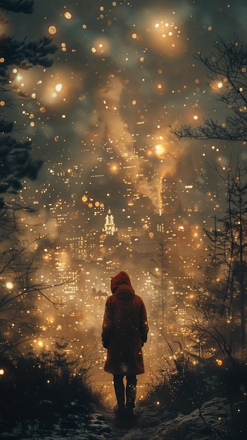 a girl in a winter landscape with fireworks