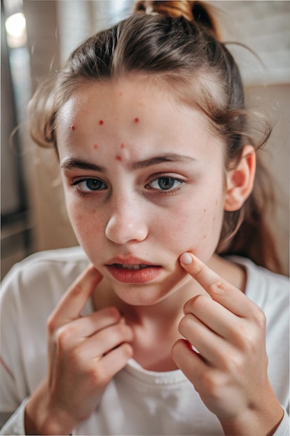 Photo a girl with acne on her face is getting her makeup done