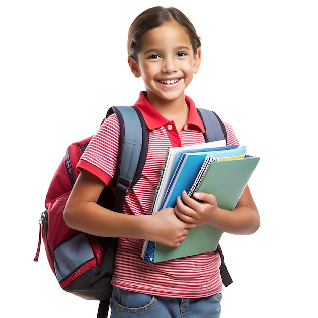 a girl with a backpack and a backpack with a red stripe on it