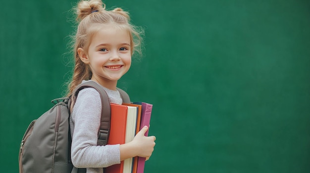 Photo a girl with a backpack and a book in her hand