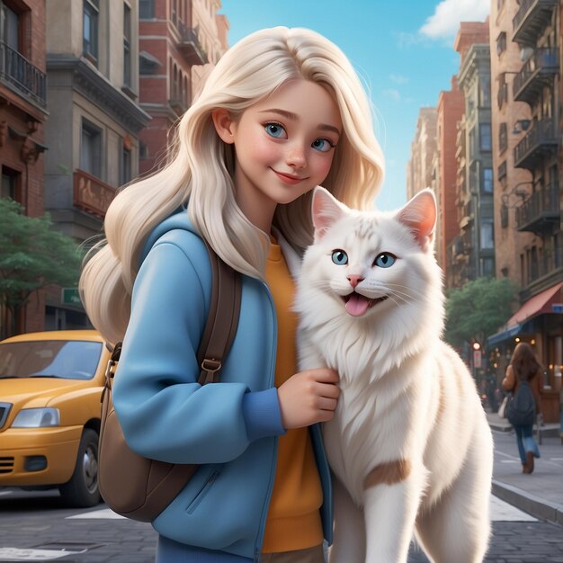 a girl with a backpack and a cat on the street