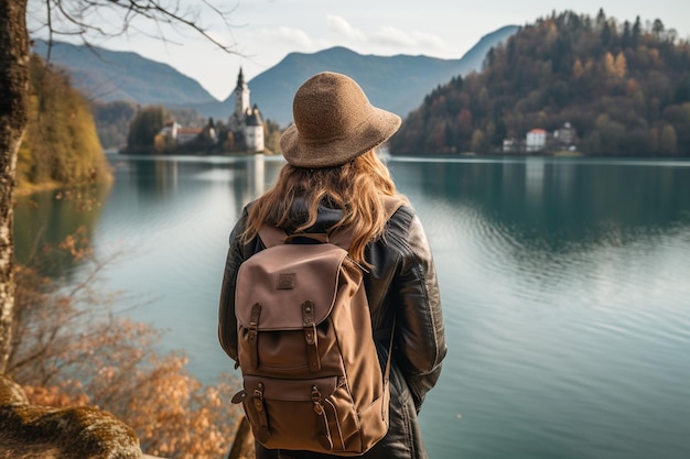 Girl with Backpack and Hat Standing Outdoors Generative By Ai